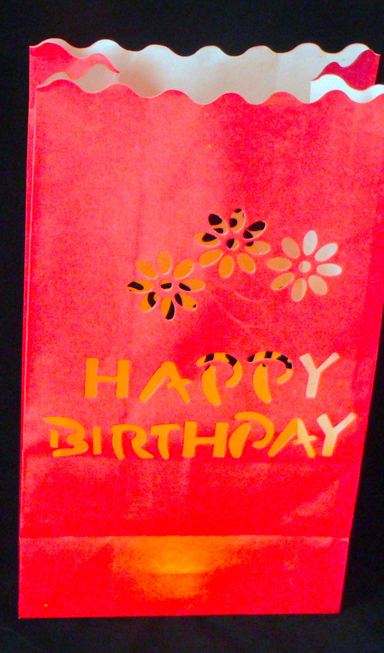 50 Pack Red Happy Birthday Luminary Paper Candle Tea Light Lantern Bags Garden Anniversary Birthday Night Decorations Evening Party