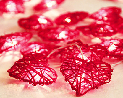 20 Red 3D Hollowed Rattan Heart-Shaped 3M String Fairy Lights, Battery (AA) Indoor & Outdoor Decorations Wedding Valentines Romantic Room Table Lighting