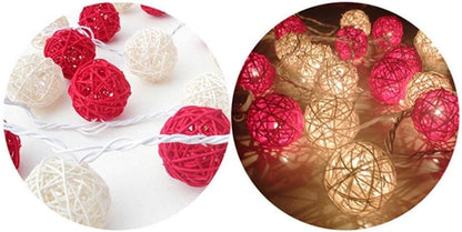 1 Set of Red and White 5cm Rattan Cane 50 Ball Battery Powered LONG 5m String Lights Christmas Gift Home Wedding Party Bedroom Decoration Table Centrepiece
