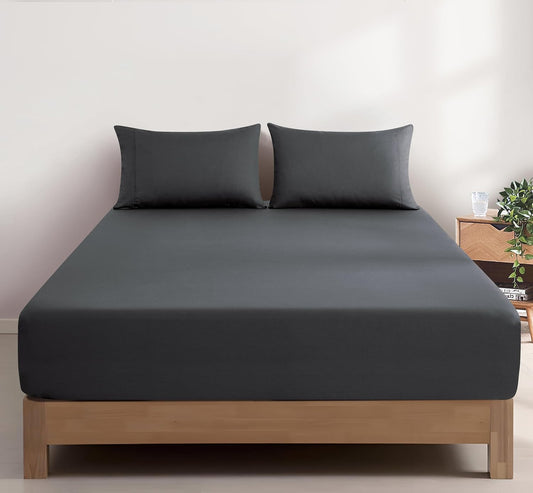 100% Vintage Washed Cotton Fitted Sheet Combo Set – 100% Natural Cotton, Ultra Soft & Breathable – Includes Fitted Sheet & Pillowcases – Machine Washable (Charcoal, Single)