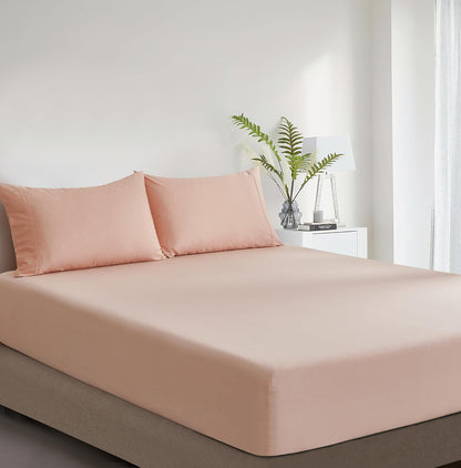 100% Vintage Washed Cotton Fitted Sheet Combo Set – 100% Natural Cotton, Ultra Soft & Breathable – Includes Fitted Sheet & Pillowcases – Machine Washable (Pink, Single)