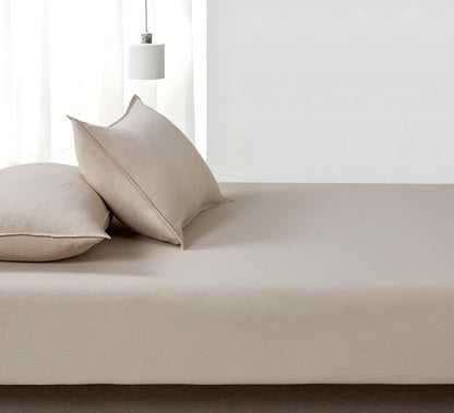 100% Vintage Washed Microfibre Fitted Sheet Set – Ultra Soft & Lightweight All-Season Fitted Sheet with 1 Pillowcase (Linen, Single Size)