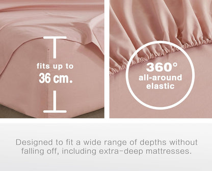 100% Vintage Washed Microfibre Fitted Sheet Set – Ultra Soft & Lightweight All-Season Fitted Sheet with 1 Pillowcase (Pink, Single Size)