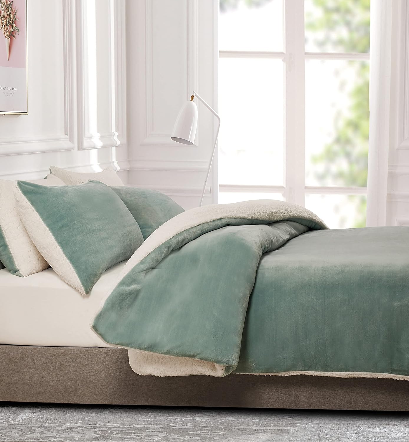 2-in-1 Teddy Sherpa Quilt Cover Set (Sage Green, Single)