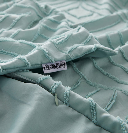100% Premium Tufted Microfibre Quilt Cover Set - Ultra-Soft, Durable Embroidery Bedding Comforter Set - Machine Washable & Zipper Closure - Sage Green - Single