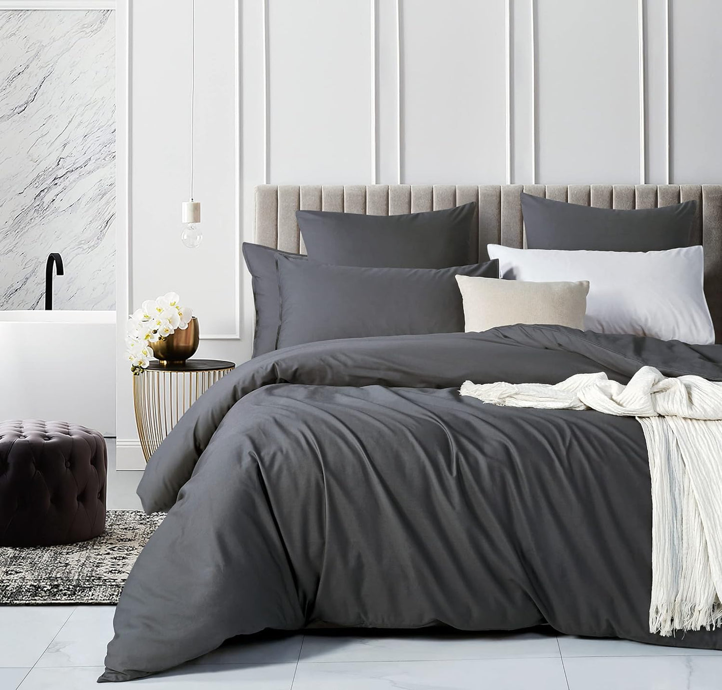 100% Cotton Vintage Washed Bed Quilt Cover Set - Charcoal - Single