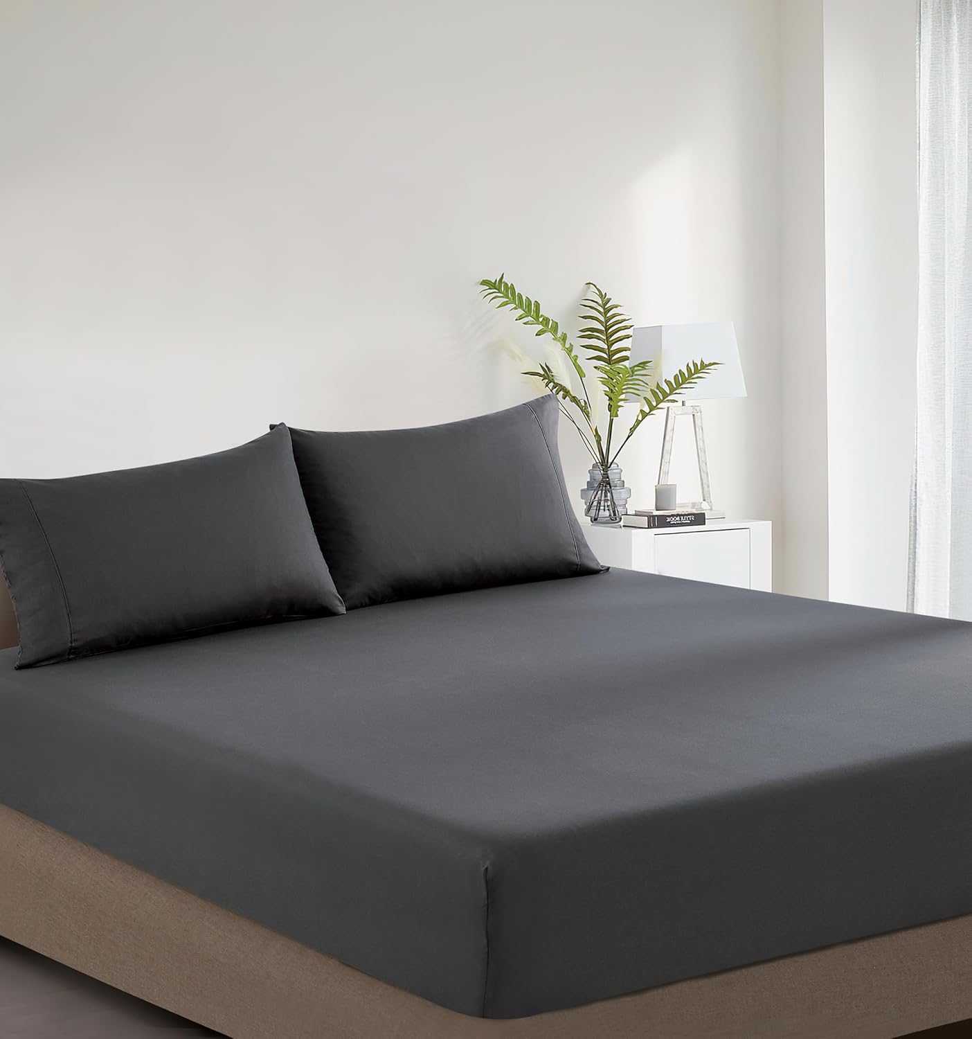 100% Vintage Washed Cotton Fitted Sheet Combo Set – 100% Natural Cotton, Ultra Soft & Breathable – Includes Fitted Sheet & Pillowcases – Machine Washable (Charcoal, Double)