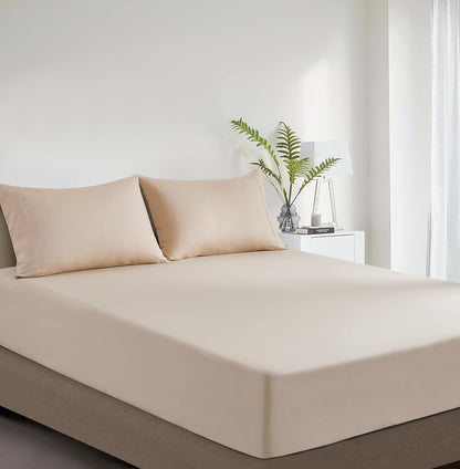100% Vintage Washed Cotton Fitted Sheet Combo Set – 100% Natural Cotton, Ultra Soft & Breathable – Includes Fitted Sheet & Pillowcases – Machine Washable (Natural, Double)