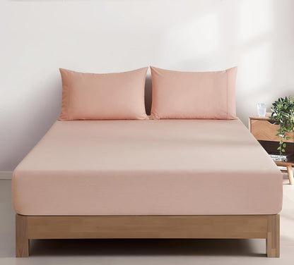 100% Vintage Washed Cotton Fitted Sheet Combo Set – 100% Natural Cotton, Ultra Soft & Breathable – Includes Fitted Sheet & Pillowcases – Machine Washable (Pink, Double)