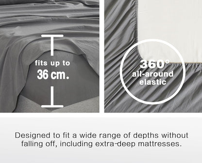 100% Vintage Washed Microfibre Fitted Sheet Set – Ultra Soft & Lightweight All-Season Fitted Sheet with 2 Pillowcases (Grey, Double Size)