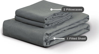 100% Vintage Washed Microfibre Fitted Sheet Set – Ultra Soft & Lightweight All-Season Fitted Sheet with 2 Pillowcases (Grey, Double Size)