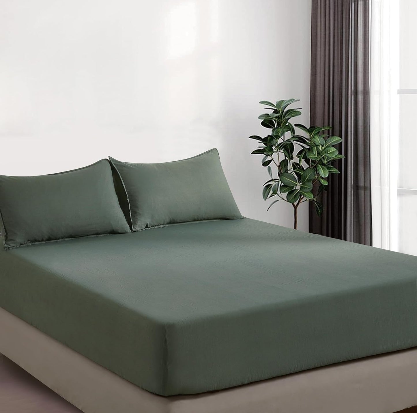 100% Vintage Washed Microfibre Fitted Sheet Set – Ultra Soft & Lightweight All-Season Fitted Sheet with 2 Pillowcases (Khaki Green, Double Size)