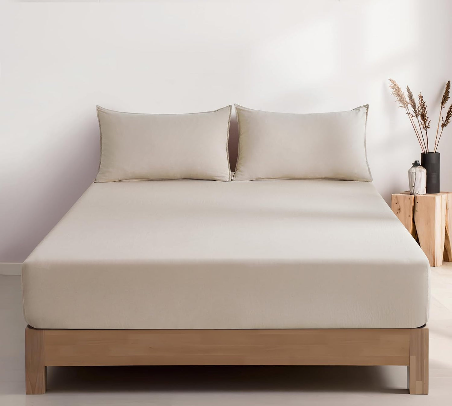 100% Vintage Washed Microfibre Fitted Sheet Set – Ultra Soft & Lightweight All-Season Fitted Sheet with 2 Pillowcases (Linen, Double Size)
