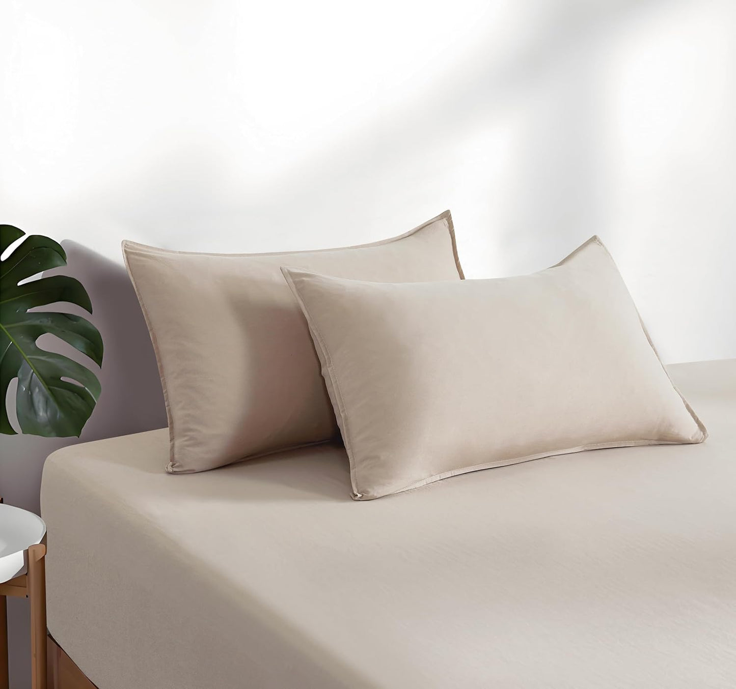 100% Vintage Washed Microfibre Fitted Sheet Set – Ultra Soft & Lightweight All-Season Fitted Sheet with 2 Pillowcases (Linen, Double Size)