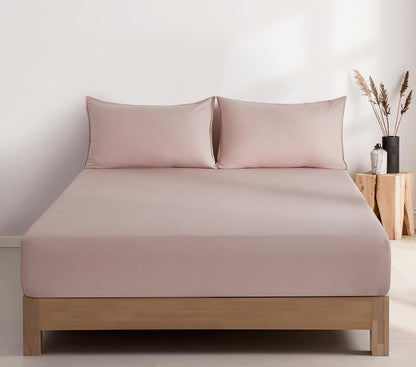 100% Vintage Washed Microfibre Fitted Sheet Set – Ultra Soft & Lightweight All-Season Fitted Sheet with 2 Pillowcases (Pink, Double Size)