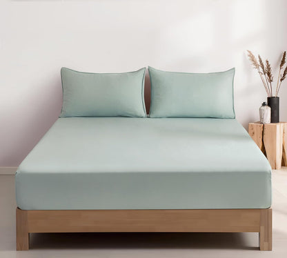 100% Vintage Washed Microfibre Fitted Sheet Set – Ultra Soft & Lightweight All-Season Fitted Sheet with 2 Pillowcases (Sage, Double Size)