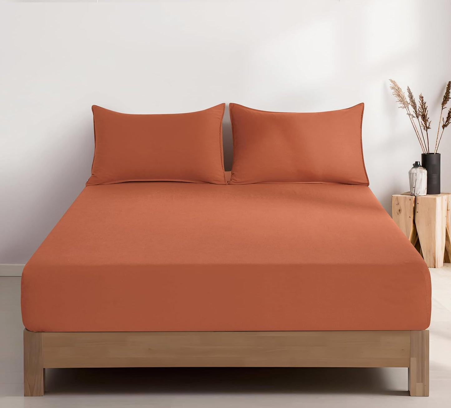100% Vintage Washed Microfibre Fitted Sheet Set – Ultra Soft & Lightweight All-Season Fitted Sheet with 2 Pillowcases (Terracotta, Double Size)