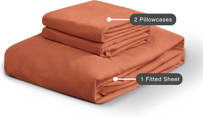 100% Vintage Washed Microfibre Fitted Sheet Set – Ultra Soft & Lightweight All-Season Fitted Sheet with 2 Pillowcases (Terracotta, Double Size)