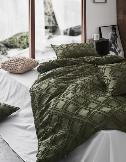 100% Premium Tufted Microfibre Quilt Cover Set - Ultra-Soft, Durable Embroidery Bedding Comforter Set - Machine Washable & Zipper Closure - Khaki Green - Double