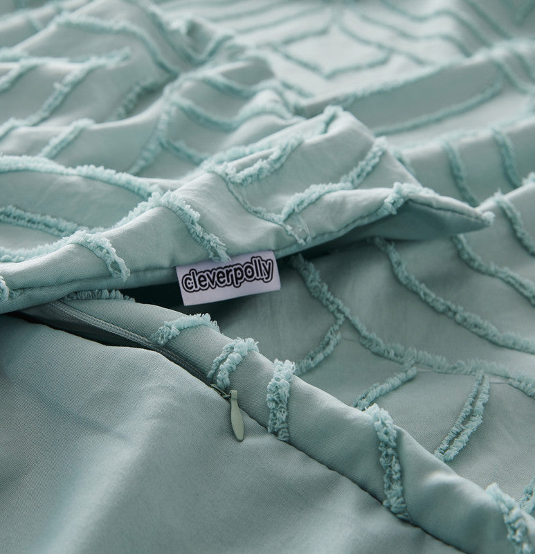 100% Premium Tufted Microfibre Quilt Cover Set - Ultra-Soft, Durable Embroidery Bedding Comforter Set - Machine Washable & Zipper Closure - Sage Green - Double