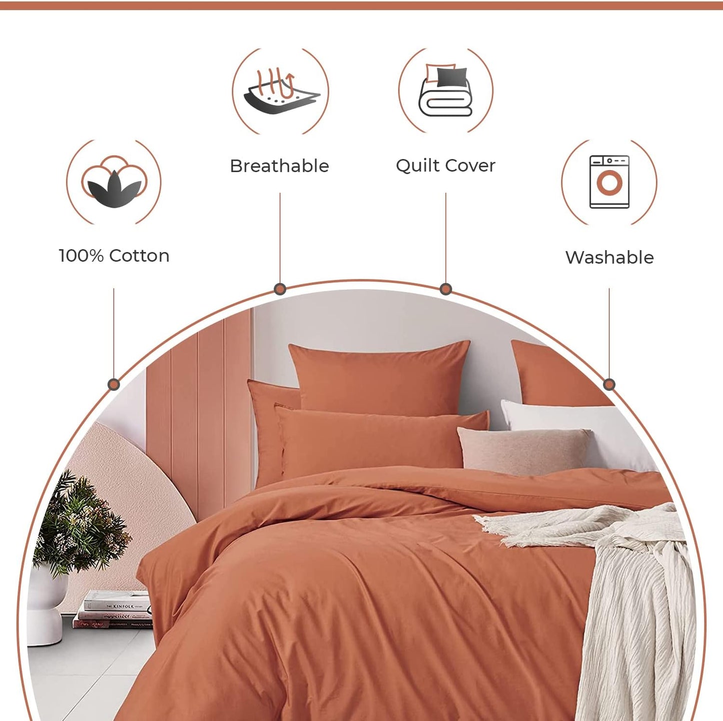 100% Cotton Vintage Washed Bed Quilt Cover Set - Brick - Double Size