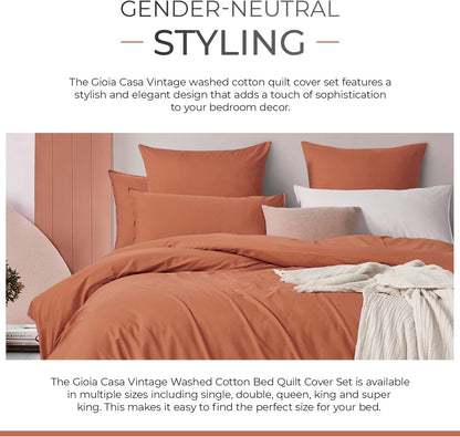 100% Cotton Vintage Washed Bed Quilt Cover Set - Brick - Double Size