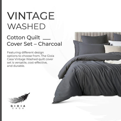 100% Cotton Vintage Washed Bed Quilt Cover Set - Charcoal - Double Size