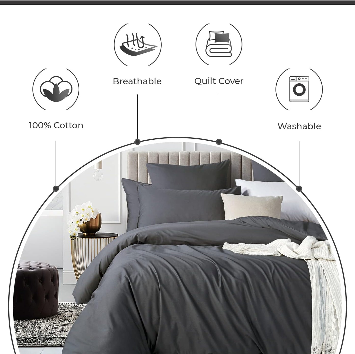 100% Cotton Vintage Washed Bed Quilt Cover Set - Charcoal - Double Size