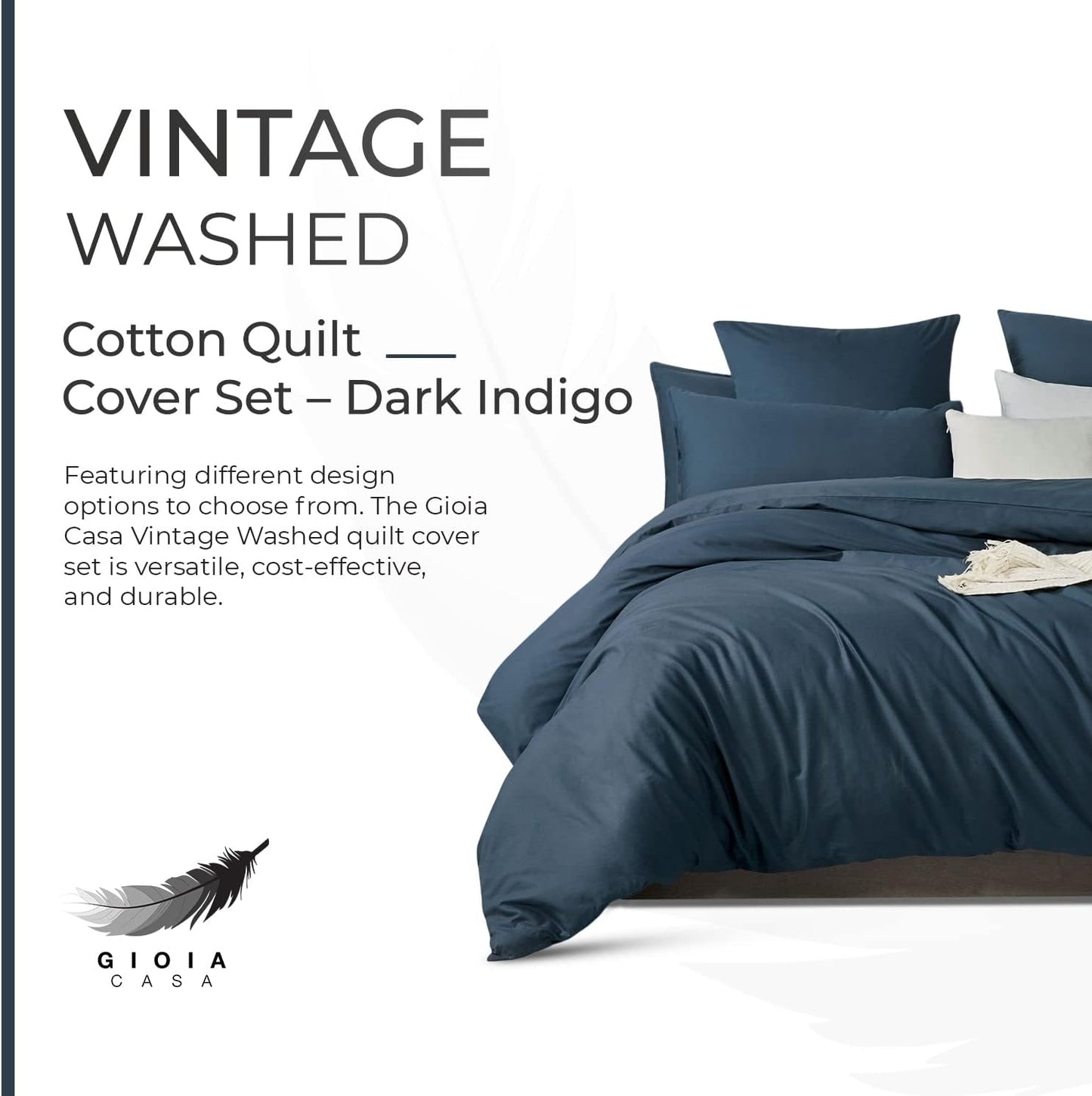 100% Cotton Vintage Washed Bed Quilt Cover Set - Dark Indigo - Double Size