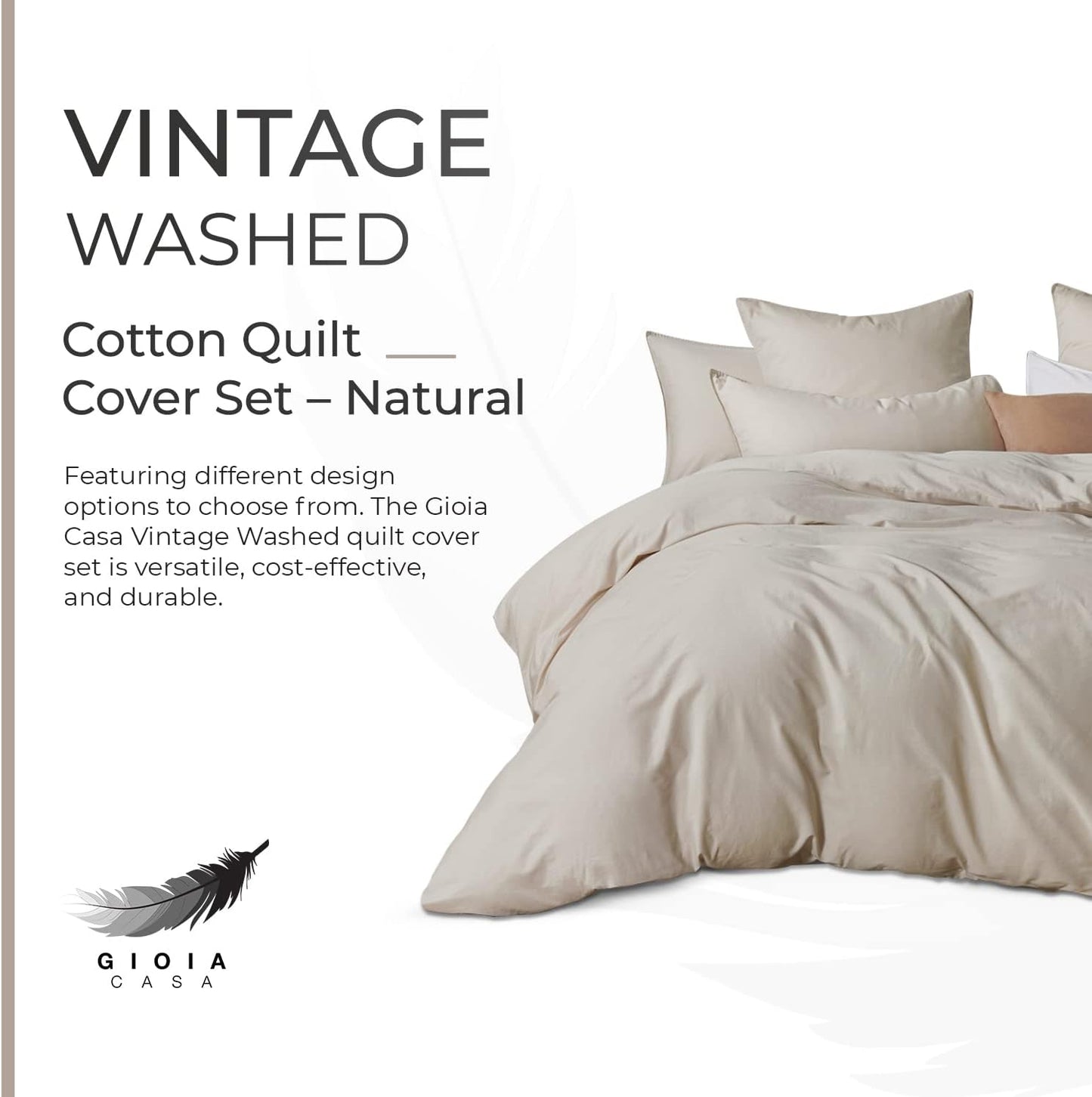 100% Cotton Vintage Washed Bed Quilt Cover Set - Natural - Double Size