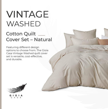 100% Cotton Vintage Washed Bed Quilt Cover Set - Natural - Double Size