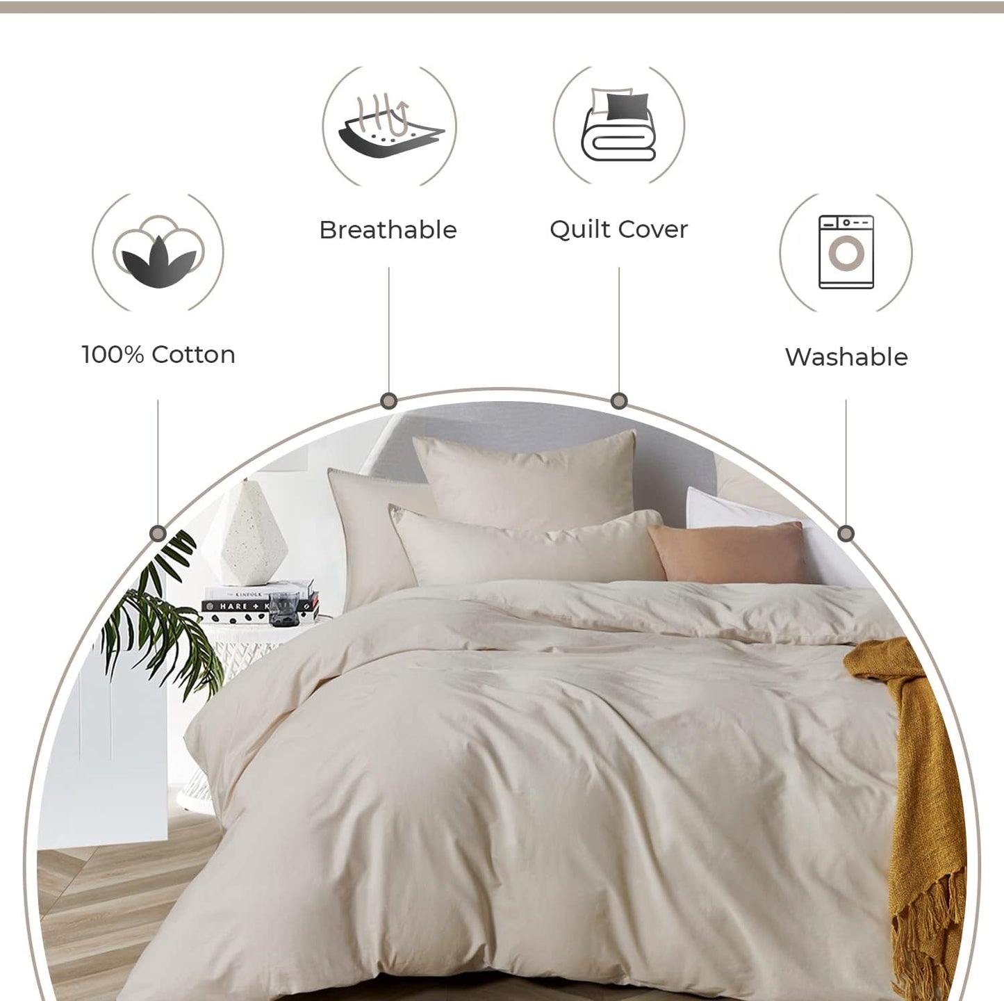 100% Cotton Vintage Washed Bed Quilt Cover Set - Natural - Double Size