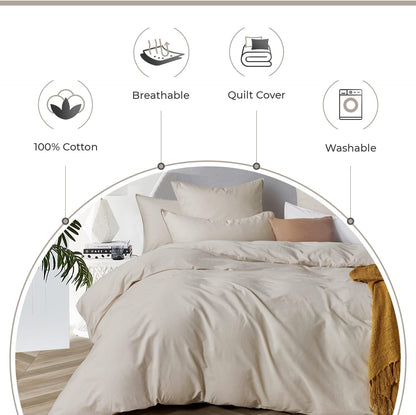 100% Cotton Vintage Washed Bed Quilt Cover Set - Natural - Double Size