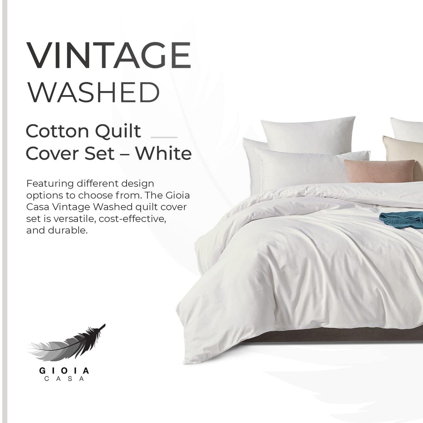 100% Cotton Vintage Washed Bed Quilt Cover Set - White - Double Size