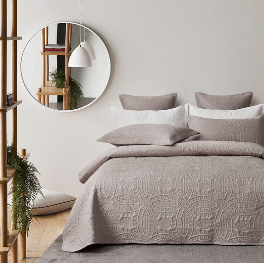 Lisbon Quilted 3-Piece Embossed Coverlet Set (Beige, Double/Queen)