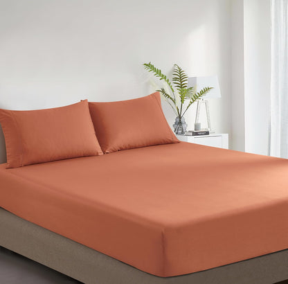 100% Vintage Washed Cotton Fitted Sheet Combo Set – 100% Natural Cotton, Ultra Soft & Breathable – Includes Fitted Sheet & Pillowcases – Machine Washable (Brick, Queen)