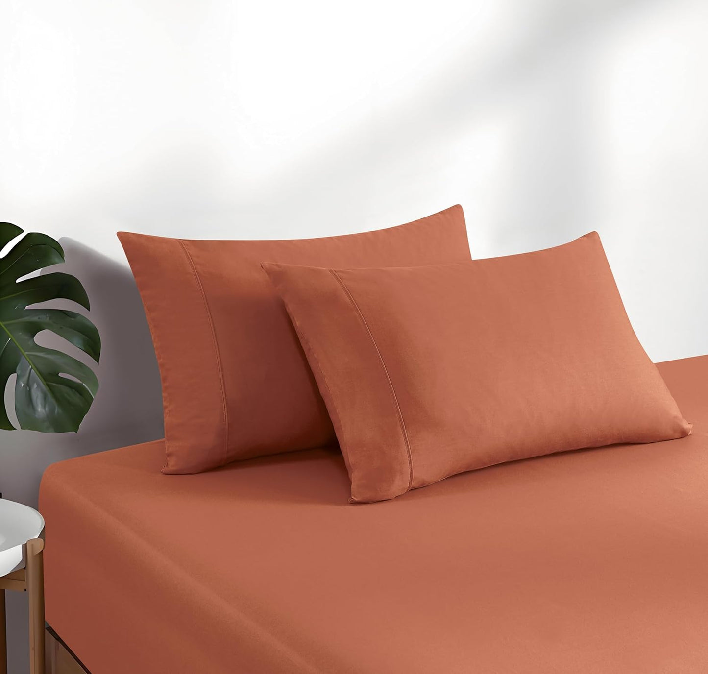 100% Vintage Washed Cotton Fitted Sheet Combo Set – 100% Natural Cotton, Ultra Soft & Breathable – Includes Fitted Sheet & Pillowcases – Machine Washable (Brick, Queen)
