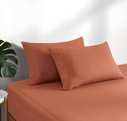 100% Vintage Washed Cotton Fitted Sheet Combo Set – 100% Natural Cotton, Ultra Soft & Breathable – Includes Fitted Sheet & Pillowcases – Machine Washable (Brick, Queen)