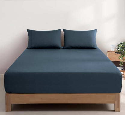 100% Vintage Washed Cotton Fitted Sheet Combo Set – 100% Natural Cotton, Ultra Soft & Breathable – Includes Fitted Sheet & Pillowcases – Machine Washable (Indigo, Queen)