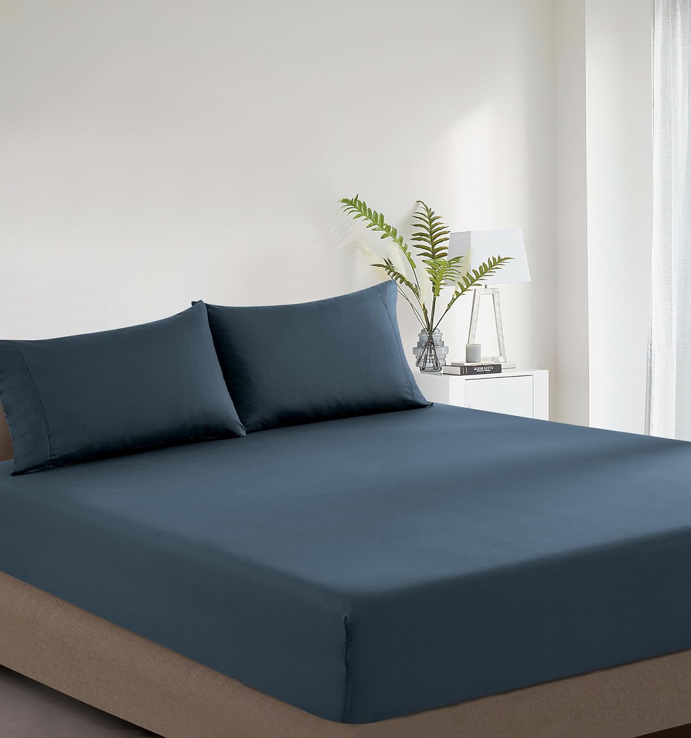 100% Vintage Washed Cotton Fitted Sheet Combo Set – 100% Natural Cotton, Ultra Soft & Breathable – Includes Fitted Sheet & Pillowcases – Machine Washable (Indigo, Queen)