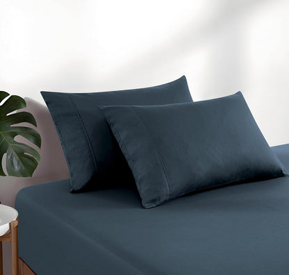 100% Vintage Washed Cotton Fitted Sheet Combo Set – 100% Natural Cotton, Ultra Soft & Breathable – Includes Fitted Sheet & Pillowcases – Machine Washable (Indigo, Queen)