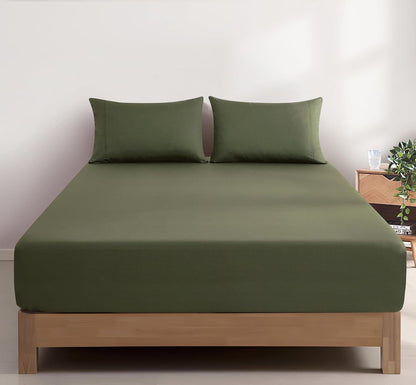 100% Vintage Washed Cotton Fitted Sheet Combo Set – 100% Natural Cotton, Ultra Soft & Breathable – Includes Fitted Sheet & Pillowcases – Machine Washable (Khaki Green, Queen)