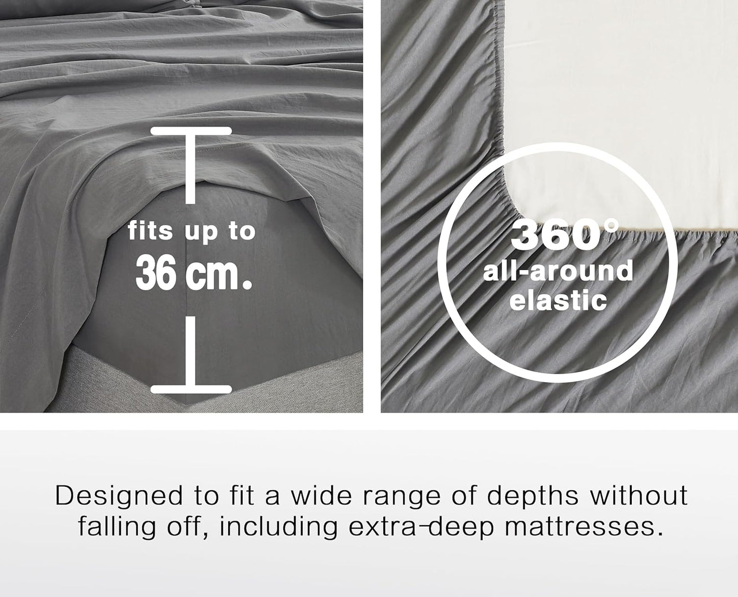 100% Vintage Washed Microfibre Fitted Sheet Set – Ultra Soft & Lightweight All-Season Fitted Sheet with 2 Pillowcases (Grey, Queen Size)