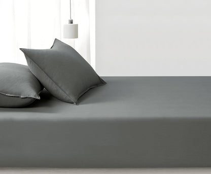 100% Vintage Washed Microfibre Fitted Sheet Set – Ultra Soft & Lightweight All-Season Fitted Sheet with 2 Pillowcases (Grey, Queen Size)