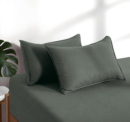 100% Vintage Washed Microfibre Fitted Sheet Set – Ultra Soft & Lightweight All-Season Fitted Sheet with 2 Pillowcases (Khaki Green, Queen Size)