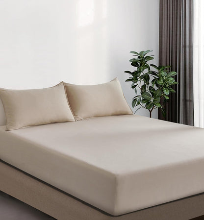 100% Vintage Washed Microfibre Fitted Sheet Set – Ultra Soft & Lightweight All-Season Fitted Sheet with 2 Pillowcases (Linen, Queen Size)