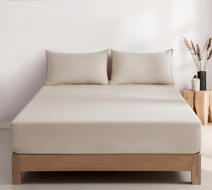 100% Vintage Washed Microfibre Fitted Sheet Set – Ultra Soft & Lightweight All-Season Fitted Sheet with 2 Pillowcases (Linen, Queen Size)