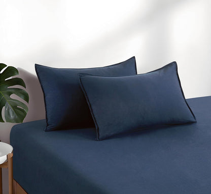 100% Vintage Washed Microfibre Fitted Sheet Set – Ultra Soft & Lightweight All-Season Fitted Sheet with 2 Pillowcases (Navy Blue, Queen Size)