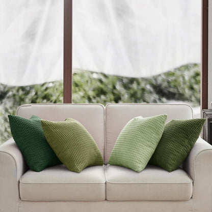 Corduroy Corn Grain Cushion Covers - Soft Velvet with Hidden Zipper - Stylish Mix of Green Shades, 45cm x 45cm (Pack of 4)