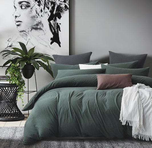 100% Jersey Cotton Quilt Cover Set - Green - Queen